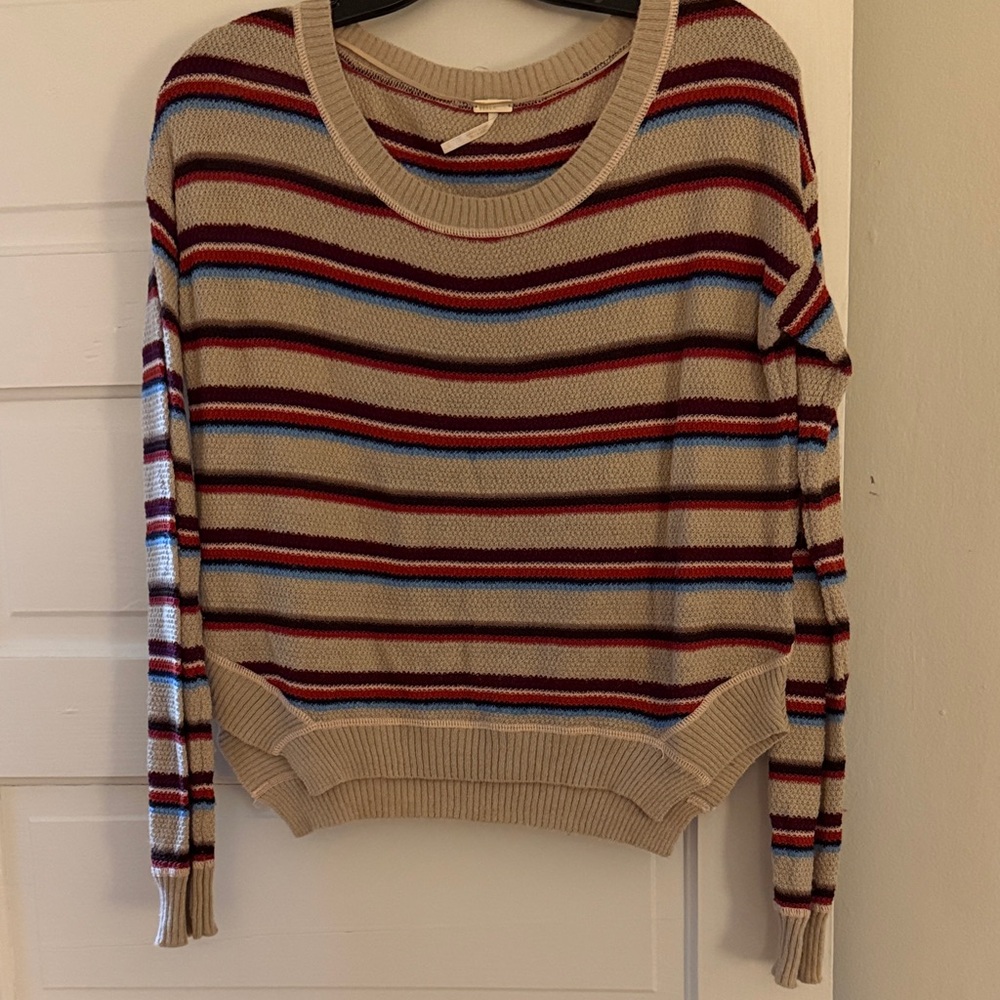 Striped Beige Crewneck Sweater with Red & Blue Accents